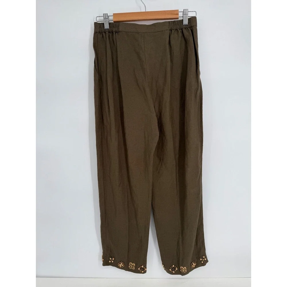 Ruby Rd Womens Sz 8 Linen Blend Pants Olive Brown Beaded Floral Hem Straight Leg